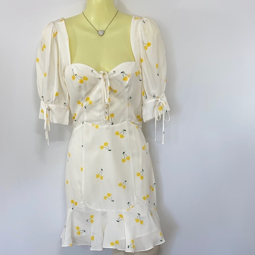 For Love and Lemons Dress “Ashland” Mini Lace up Ruffle Lemon Print NWT Med